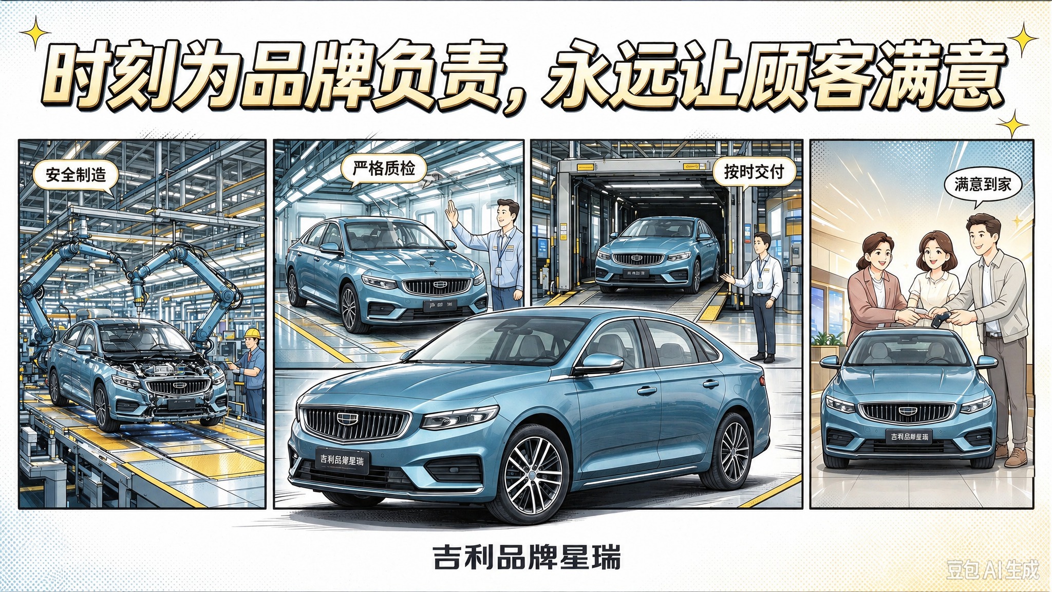 将图中第二格的两个“严格质检”气泡删除一个，只保留一个“严格质… - 图片创意预览
