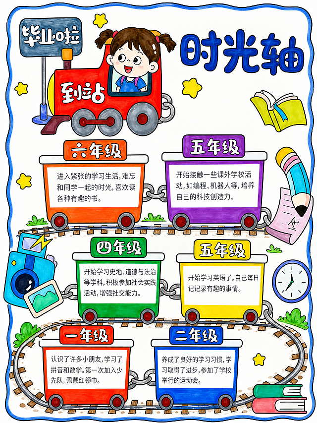 修改这张时光轴手抄报，去掉顶部的彩旗，添加火车轨道，调整整体尺寸为210*297mm竖版，保留所有文字内容和马克笔手绘风格，保持整体明亮活泼的色调