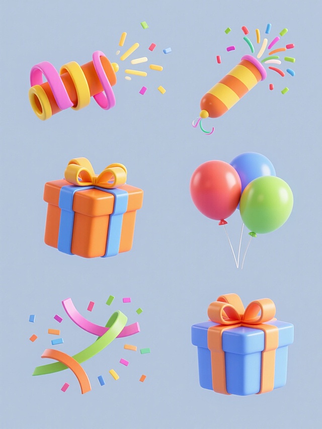3D风格的简约现代设计，纯色背景，六个规整排布的素材，每个素材分别为：带有黄色和粉色流线型拉花的橙色礼炮、彩色飘带装饰的礼盒、喷射彩色纸屑的礼炮、绽放的烟花、漂浮的彩色气球、缠绕彩带的礼物盒，所有元素采用圆润的3D建模，表面有细腻的光泽和渐变，色彩明快鲜艳，无任何文字、logo和水印。