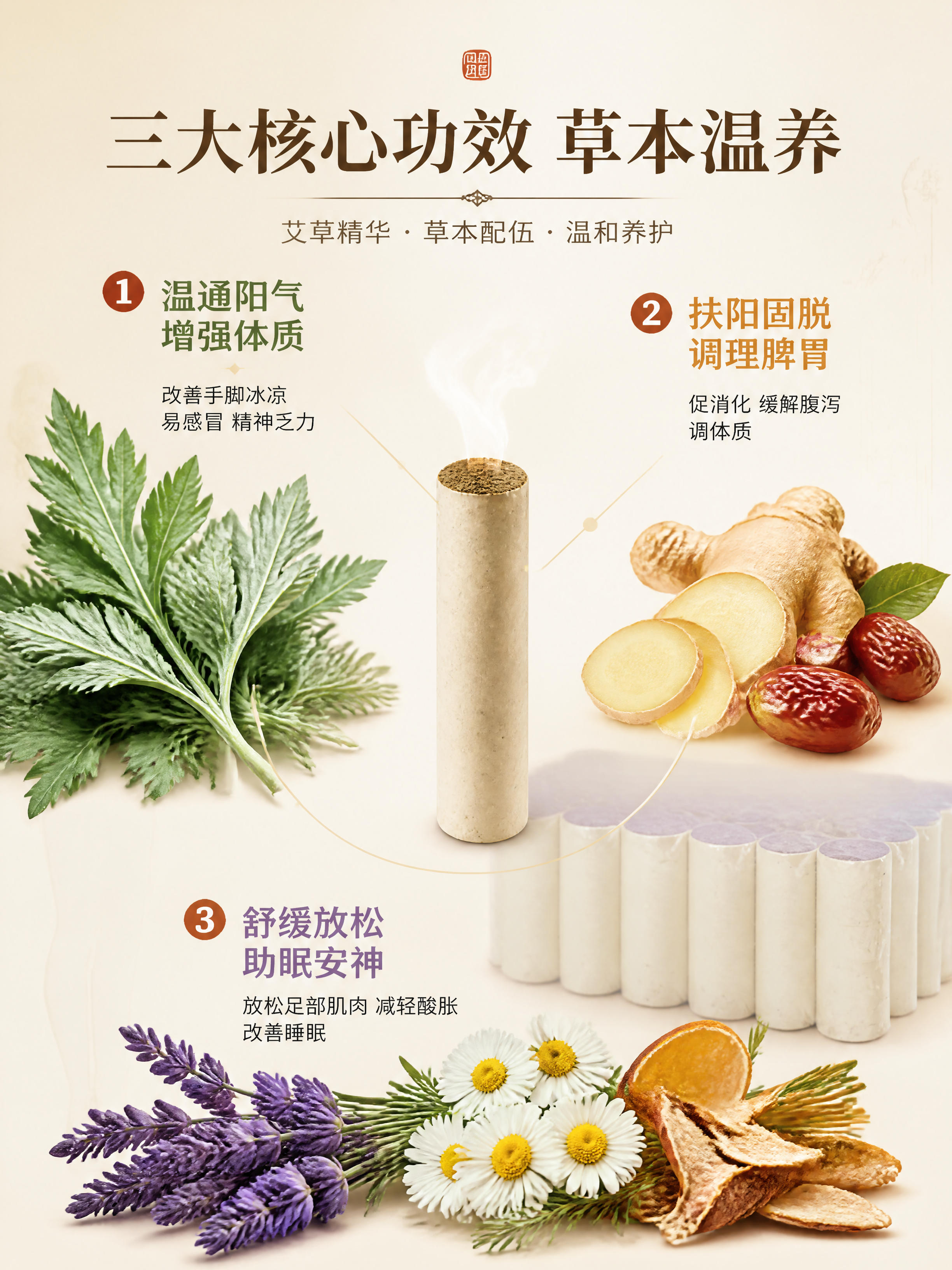 [第2张] 详情页成分功效页-艾灸柱三大核心功效成分展示型。本… - 图片创意预览