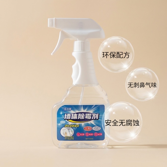 圣洁康墙体除霉剂拼多多成分细节主图，清爽洁净风格，柔和侧逆光。产品侧放，展示瓶身液体的清透质感，旁边悬浮三个晶莹的气泡，分别标注“环保配方”“无刺鼻气味”“安全无腐蚀”，背景是浅米色纯色，整体背景铺满预览效果