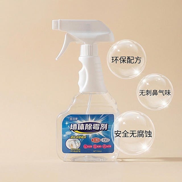 圣洁康墙体除霉剂拼多多成分细节主图，清爽洁净风格，柔和侧逆光。产品侧放，展示瓶身液体的清透质感，旁边悬浮三个晶莹的气泡，分别标注“环保配方”“无刺鼻气味”“安全无腐蚀”，背景是浅米色纯色，整体背景铺满全屏无边框。文字为无衬线字体，悬浮在背景上不遮挡产品主体