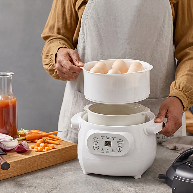 把图2里的白色电炖锅产品替换掉图1中的不锈钢锅和黑色主机，保持图1的人物双手拿握姿势、背景环境、胡萝卜砧板等元素不变，产品保持图2原样