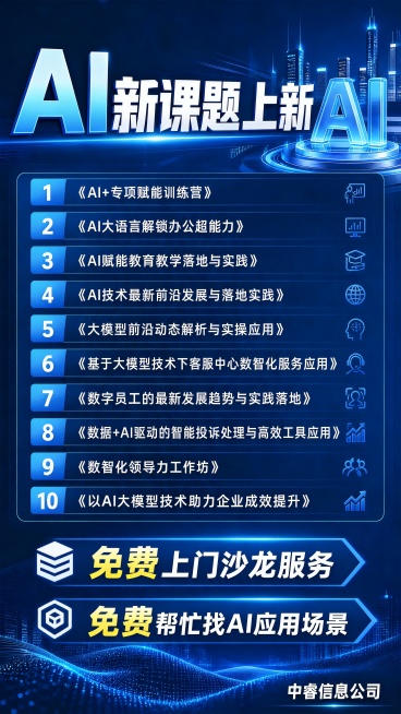 在现有AI新课题上新海报基础上，仅替换底部"免费上门沙龙服务"和"免费帮忙找AI应用场景"旁的礼物盒图标，更换为更简约大气、符合高端增值服务定位的商务图标，保持整体科技蓝色商务风格不变，其余所有文字、预览效果