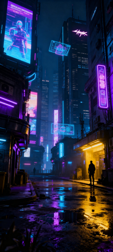 赛博朋克风格游戏CG背景，未来都市夜景，闪烁的霓虹灯广告牌，多彩霓虹光效，高楼摩天建筑群，潮湿反光的街道，科幻感未来场景，高科技低生活氛围，细腻光影效果，高细节渲染预览效果