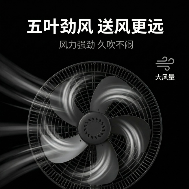 严格还原参考图中风扇产品细节，包括包装设计、颜色、LOGO位置、文字内容、图案元素都保持一致，产品外观不变，保持哑光真实材质质感。画面比例1:1，聚焦扇叶与网罩特写，上下分割布局，扇叶特写占据画面70预览效果