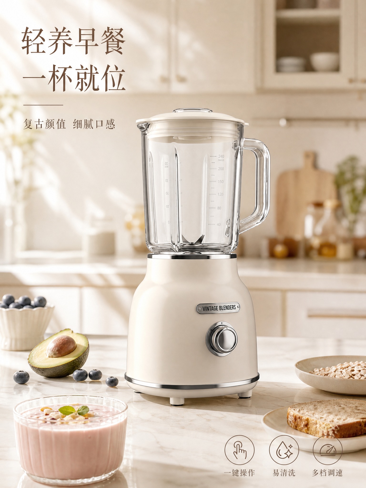 生成场景主图，3:4比例， 明亮奶油风现代厨房，低视角仰拍，产… - 图片创意预览