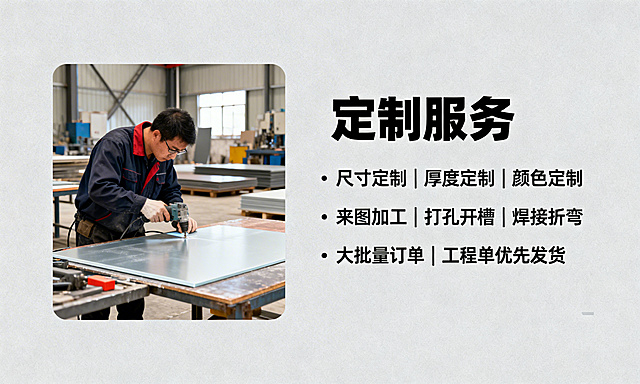 工业浅灰色背景，定制服务模块，标题"定制服务"用加粗字体突出，左侧展示工人加工聚乙烯板材的场景图，右侧用清晰列表呈现服务内容："尺寸定制｜厚度定制｜颜色定制
来图加工｜打孔开槽｜焊接折弯
大批量订单｜工程单优先发货"，突出定制服务的灵活性