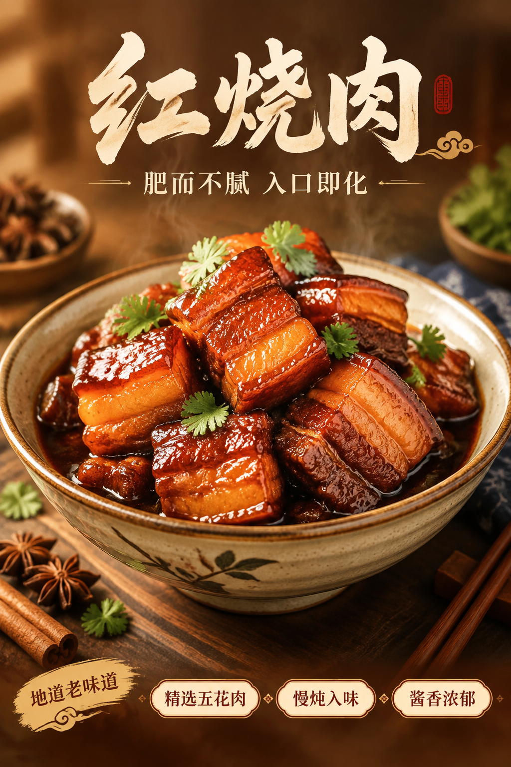 写实商业摄影风格的红烧肉美食宣传海报，竖版2:3构图。画面中央… - 图片创意预览