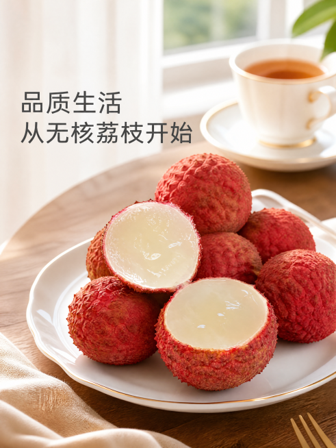 [主图] 品质生活从无核荔枝开始卖点。[氛围风格] 品质生活，精致享受。[画质] 精致生活方式摄影，高清高级。[元素] 下午茶桌面摆盘，一杯茶搭配几颗无核荔枝，一颗切开展示无核，保持荔枝产品特征和参考预览效果