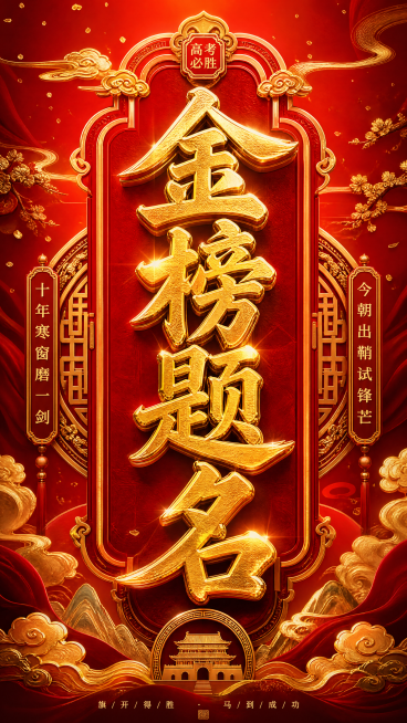 抖音竖版封面，金色大字"金榜题名"竖向排版，大气震撼风格，红色喜庆背景搭配金色祥云烫金纹理，醒目的视觉效果，高考升学祝福主题，高端质感，构图居中，冲击力强预览效果