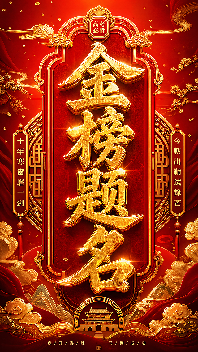 抖音竖版封面，金色大字"金榜题名"竖向排版，大气震撼风格，红色喜庆背景搭配金色祥云烫金纹理，醒目的视觉效果，高考升学祝福主题，高端质感，构图居中，冲击力强