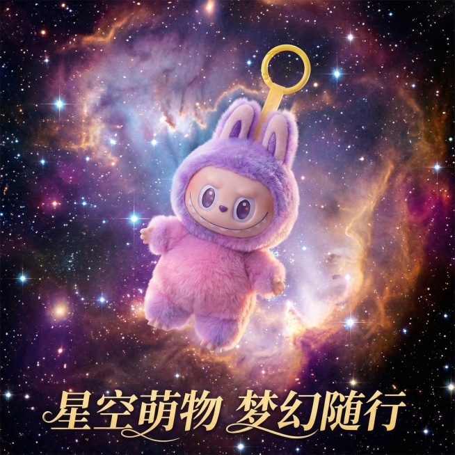 将图中紫粉渐变毛绒挂件放置在梦幻星空场景中，背景是浩瀚星空与流动星云，有闪烁的星星，突出产品梦幻浪漫风格，底部添加“星空萌物 梦幻随行”文案预览效果