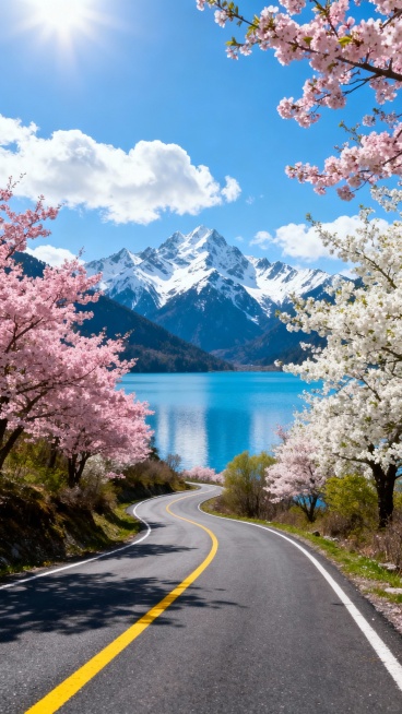 一条蜿蜒的沥青公路，路面上画着黄色的虚线，两旁是盛开的粉色和白色的樱花树，花朵繁茂，枝叶舒展。公路延伸向远方，尽头是一片湛蓝的湖泊，湖水清澈，倒映着天空的颜色。湖的对岸是连绵起伏的雪山，山顶覆盖着皑皑白雪，山峰在蓝天白云的映衬下显得格外雄伟壮丽。天空中飘着几朵洁白的云朵，阳光明媚，光线充足，整个画面色彩鲜艳，充满了春天的生机与宁静优美的氛围。预览效果