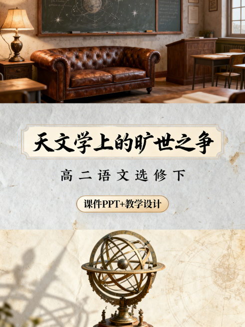 上区1/8是复古美式高中语文课堂，有皮质沙发、复古台灯；中区3/8是独立淡灰色背景，第一行色框填充手写草书字体的"天文学上的旷世之争"，第二行每个文字居中排布的"高二语文选修下"，第三行圆角矩形框的"预览效果