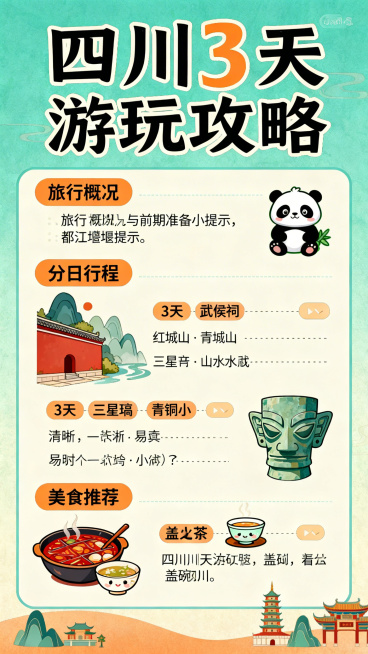 四川3天旅游攻略一图流海报，清新国风插画风格，整体配色使用青绿色、暖橙色为主色调，顶部有醒目的艺术字标题“四川3天游玩攻略”，内容清晰分板块展示：第一块是旅行概况与前期准备小提示，搭配都江堰、熊猫卡通预览效果