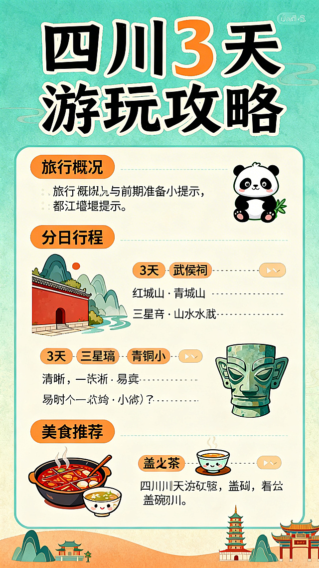 四川3天旅游攻略一图流海报，清新国风插画风格，整体配色使用青绿色、暖橙色为主色调，顶部有醒目的艺术字标题“四川3天游玩攻略”，内容清晰分板块展示：第一块是旅行概况与前期准备小提示，搭配都江堰、熊猫卡通小图标；第二块是分日行程，3天的行程安排排版整齐，分别搭配武侯祠红墙、青城山山水、三星堆青铜面具小插画，行程文字清晰易读；第三块是美食推荐板块，搭配火锅、盖碗茶的可爱插画；底部有小巧的四川地标元素装饰，整体排版整洁，信息清晰，适合手机阅读，画面活泼有旅行氛围感。