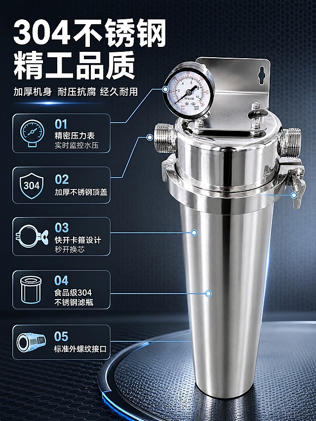 [商品] 使用【图5】带压力表单联大胖前置过滤器作为主展示产品；保留304不锈钢机身、压力表表盘、顶部挂板、快开卡箍把手、两侧外螺纹接口；金属质感增强，压力表表盘清晰，不改变结构比例。
[画面] 目标：结构材质页，拆解展示核心部件与材质优势。构图：产品居中偏右（占55%），左侧+周围分布5个结构标注引线。景别：中近景，产品完整且细节清晰。前中后景：前景产品主体，中景标注引线与信息卡，后景深灰蓝渐变+金属网格纹理。阅读动线：从左上标题→产品主体→各标注点。
[视觉] 套系策略：风格=工业风现代商业摄影+科技净水感；标题字=粗黑无衬线黑体；正文字=简洁无衬线中黑体；主色=冷灰蓝+不锈钢银；背景延展=深灰蓝到中灰渐变、细腻金属网格纹理、冷调工业风；强调色=冰蓝色，仅用于引线、标注圆点、图标高亮；标题色=纯白；正文色=浅灰；组件=冰蓝细引线+圆点标注、圆角半透明深色信息卡；光影=左前侧硬光打亮金属面，右侧轮廓光分离背景，高光锐利，立体感强。
[文字] 左上主标题「304不锈钢 精工品质」（8字），副标题「加厚机身 耐压抗腐 经久耐用」（12字）。5个结构标注：1.精密压力表（实时监控水压）2.加厚不锈钢顶盖 3.快开卡箍设计（秒开换芯）4.食品级304不锈钢滤瓶 5.标准外螺纹接口。文字全部横排，标注引线不遮挡Logo与核心结构。
[规格] 图片比例3:4竖版，4K分辨率，负向提示：避免变形、错字、文字过小、塑料质感、暖色调、模糊、压力表表盘错乱、竖排文字、极限词。