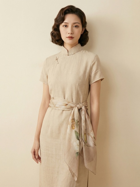 根据图中180*68cm长条桑蚕丝丝巾素材图，帮我生成生成6张30岁女性“真人模特试戴”的效果图，要求中模，模特造型穿搭整体风格偏民国风一些，展现出老上海风情感，背景素色简单为主。。保持围巾颜色不变，预览效果