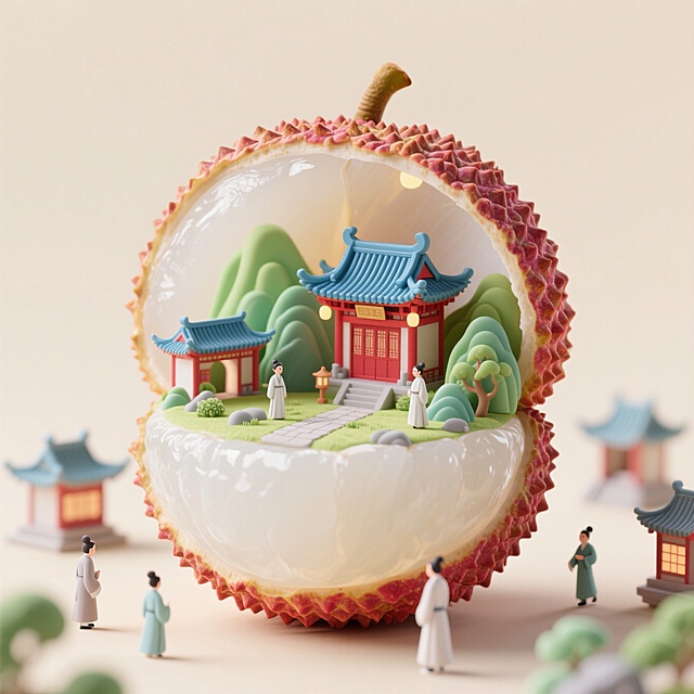 一幅创意微缩景观作品，以浅米色为柔和底色。主体是上下剖开、外壳在上、下方是白色果肉，果肉上构建起古典中式庭院场景 —— 飞檐翘角的楼阁（蓝瓦红墙）、青绿山水、浅色小径错落，人物身着素净淡雅的古装。外部散落同款微缩建筑、行人，色彩搭配清新雅致，借荔枝独特形态与传统古韵场景融合，营造出奇幻且富有东方美学的沉浸式体验 。