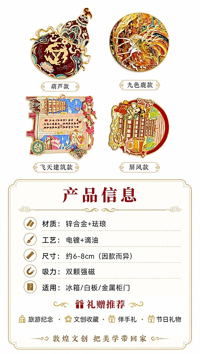 [商品] 使用【图5】4款敦煌冰箱贴（葫芦款/九色鹿款/飞天建筑款/屏风款）作为规格展示款；保留各款造型与颜色；商品处理：排列整齐，作为产品标准照展示。
[画面] 页面目标：规格信息与礼赠推荐，收尾转化；构图：上方产品展示区（4款小图2x2排列，占40%），下方规格信息卡（占60%）；背景：纯净白底，信息卡带淡金色边框；前中后景：前景4款产品小图、中景金边信息卡、后景纯白底；阅读动线：从上至下，先看产品再读规格与礼赠信息。
[视觉] 套系策略：风格=白底简约国潮敦煌风商业摄影；标题字=国风宋体粗体（带衬线，典雅大气）；正文字=简洁无衬线中黑体；主色=朱砂红+石青蓝+鎏金；背景延展=纯白底色，信息卡用浅米白底+鎏金细边框；强调色=鎏金色，仅用于图标、引线、装饰线条和重点文字；标题色=深朱砂红；正文色=深炭灰；组件=圆角金边信息卡、敦煌卷草纹分割线；光影=均匀柔光，产品清晰，信息卡干净整洁。
[文字] 主标题：产品信息（信息卡顶部居中，大字号）；规格参数：材质：锌合金+珐琅；工艺：电镀+滴油；尺寸：约6-8cm（因款而异）；吸力：双颗强磁；适用：冰箱/白板/金属柜门；礼赠推荐：旅游纪念 · 文创收藏 · 伴手礼 · 节日礼物；底部文案：敦煌文创 把美学带回家；所有文字横向排版，清晰易读，手机端可辨。
[规格] 图片比例9:16竖版，4K分辨率，负向提示：避免变形、错字、文字过小、参数错误、信息杂乱、颜色失真、非白底背景。