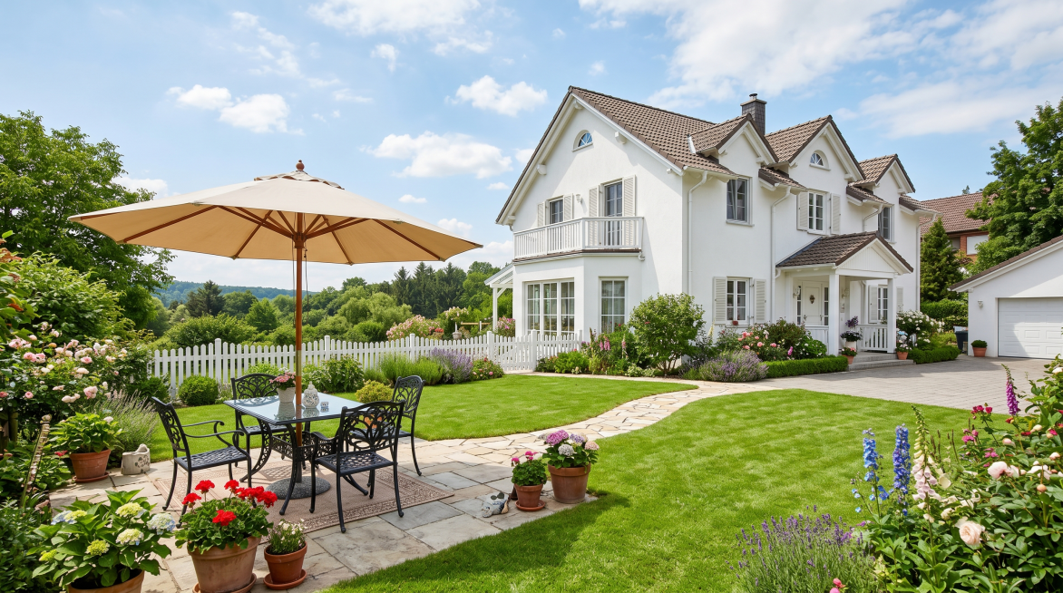 欧美庭院+露台+别墅场景图，草坪，栅栏在别墅和露台外，花卉，绿植，白色独栋别墅完整显示，别墅旁边是露台，露台上放着户外铁艺桌椅和户外遮阳伞，蓝天，远景，画面明亮通透，正面，写实，细节丰富，高清预览效果