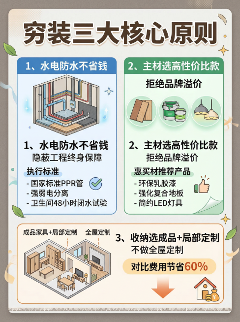 穷装三大核心原则主题海报，清晰分点风格，暖灰色背景。主标题："穷装三大核心原则"，分三点展示：1、水电防水不省钱，隐蔽工程终身保障，附执行标准；2、主材选高性价比款，拒绝品牌溢价，附惠买材推荐产品；3预览效果