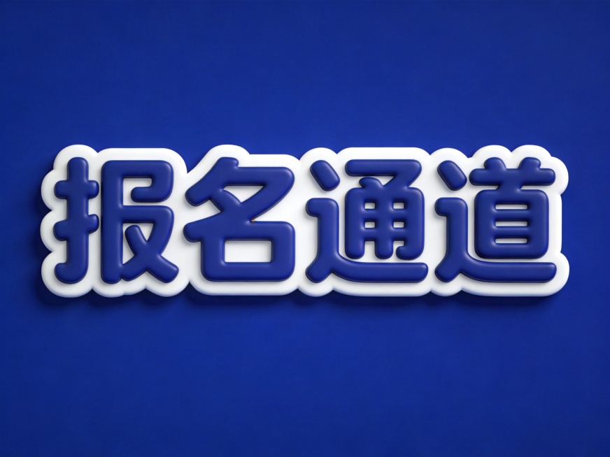 干净的纯深蓝色背景。3D艺术字体设计，四个字"报名通道"，所有文字单行横向排列，无衬线字体几何化切割处理，圆角加粗字形笔画，深蓝色主体配白色描边，作为按钮设计，四周留出按钮边框距离。仅包含四个字："报预览效果