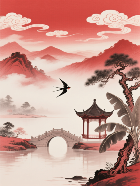 中国传统水墨风格山水画，蕉红色纯色背景，仅含绛红色调，包含远山、青松、飞鸟、祥云、小桥、亭台等国风元素，线条流畅简洁，水墨晕染效果自然，暗纹颜色为红色且不过深，留白充足，画面空灵雅致，富有东方意境预览效果