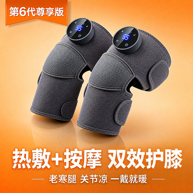 [主图-1] 商品识别与核心利益，展示第6代尊享版加热护膝的完整产品形象与核心价值。
[统一基调] 淘宝/天猫电商主图，专业品质感，温暖科技风；主色暖橙渐变背景+深灰产品，标题白色粗体大字，辅助文字深灰，强调色暖橙色，圆角卡片，现代无衬线字体，字号层级分明。
[画面] 画面中心展示一双深灰色加热护膝，护膝上方各有一个圆形液晶数码大屏控制器，护膝材质为透气网眼织物+魔术贴绑带结构，产品完整不切割，占画面约70%。护膝呈45°斜角立体摆放，一前一后有层次感，下方有柔和接触阴影和地面反光。背景为暖橙色到浅米色的渐变，左上角有橙色丝带标签"第6代尊享版"。画面底部中央是主标题大字"热敷+按摩 双效护膝"，下方小字副标题"老寒腿 关节凉 一戴就暖"。
[光影质感] 商业摄影质感，主光从右上方45°照射，护膝网眼纹理清晰，控制器屏幕有蓝色冷光显示，底部有自然投影和轻微反光，整体光影温暖有层次。
[配色] 暖橙渐变背景+深灰护膝+白色主标题+橙色强调字+深灰辅助文字。
[文字版式] 主标题底部居中，白色粗黑体超大号字，带轻微橙色外发光；副标题在主标题下方，白色中号字；左上角系列标识为橙色飘带形标签白字；所有文字清晰可读，不遮挡产品主体。
[输出要求] 1:1正方形比例，2K分辨率，产品清晰锐利，文字无错字，画面干净无杂物，无水印无平台Logo，禁止变形、模糊、穿模。