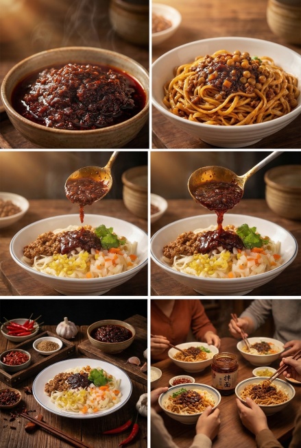 拌面酱宣传海报，电影质感，氛围感强，充满美食诱惑力，还原拌面酱本身的油亮色泽和醇厚质感，也可结合拌面的成品效果，暖调光影，画面高级有食欲，共5张不同构图预览效果