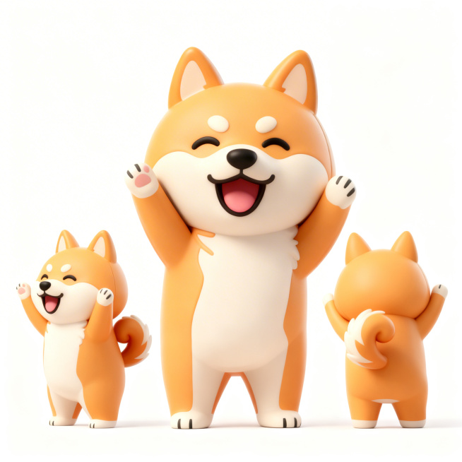 生成这个柴犬IP形象的正、侧、背多视角3D展示图，统一Q版潮玩风格，保留橙白配色和可爱特征，干净白色背景预览效果