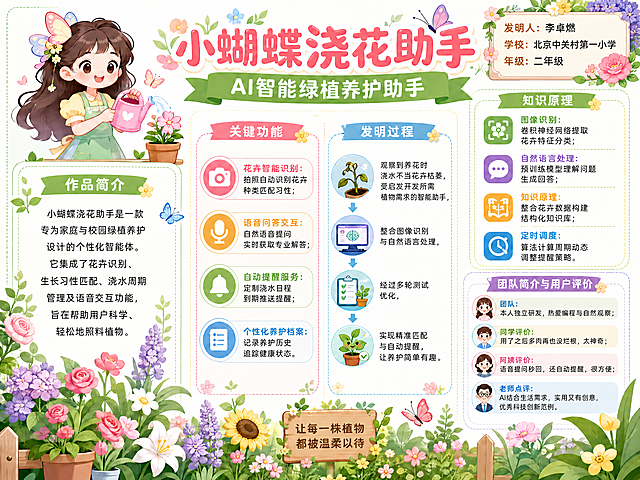 在原图基础上修改，保持左半边和中间部分内容、布局、字体完全不变，修正文字错误完善字体，在右侧区域已有内容上方增加新模块，添加文字：发明人：李卓燃，学校：北京中关村第一小学，年级：二年级，整体风格保持卡通女生风格，装饰多种花卉，和原图风格统一，文字清晰，排版自然，所有原有内容保留不变