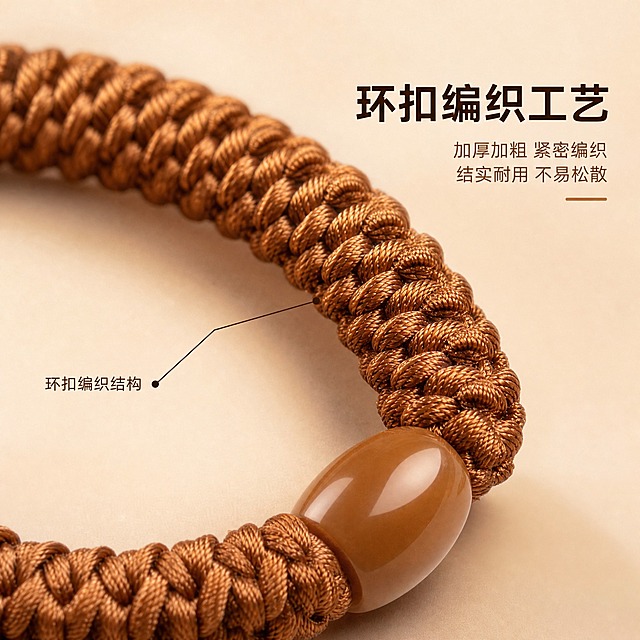 [主图-2] 主题：环扣编织工艺细节展示，突出加厚加粗的工艺特点。
[统一基调] 京东简洁稳重品质风，背景为浅香槟米色柔焦渐变，整体色调温暖高级，文字占比小于30%，一图一重点。主标题字体为简洁无衬线粗体，字色深棕褐色；辅助文字为浅棕色小号字体；强调色为焦糖棕。整体光影柔和，产品边缘清晰，无悬浮感。
[画面] 画面主体为一个焦糖棕色的发圈局部放大特写，占据画面约70%，聚焦展示环扣编织的纹理细节。可以看到每一圈编织的环扣结构紧密排列，编织线有加厚加粗的质感，纹理清晰立体，中间的椭圆形串珠也清晰可见，表面光滑有光泽。发圈呈弧形弯曲展示，背景为浅香槟米色柔焦渐变，底部有柔和的接触阴影。用细引线从编织纹理处引出标注。
[光影质感] 微距商业摄影质感，柔光箱布光，编织纹理的凹凸处形成细腻的明暗对比，突出环扣结构的立体感，串珠表面有柔和高光，整体光影均匀柔和，细节丰富。
[配色] 背景主色浅香槟米色，主标题深棕褐色，辅助文字浅棕色，引线和标注为深棕褐色细线。
[文字版式] 画面右侧放置主标题："环扣编织工艺"，字体为简洁无衬线粗体，深棕褐色；下方两行辅助文字："加厚加粗 紧密编织"、"结实耐用 不易松散"，浅棕色小号字体。左侧用细引线指向编织纹理处，标注"环扣编织结构"。文字放在右侧负空间，不遮挡产品主要细节。
[输出要求] 比例1:1，文字清晰可读，编织纹理细节锐利清晰，无变形、错字、模糊、杂乱、水印、平台Logo。禁止出现京东Logo或任何平台标识。