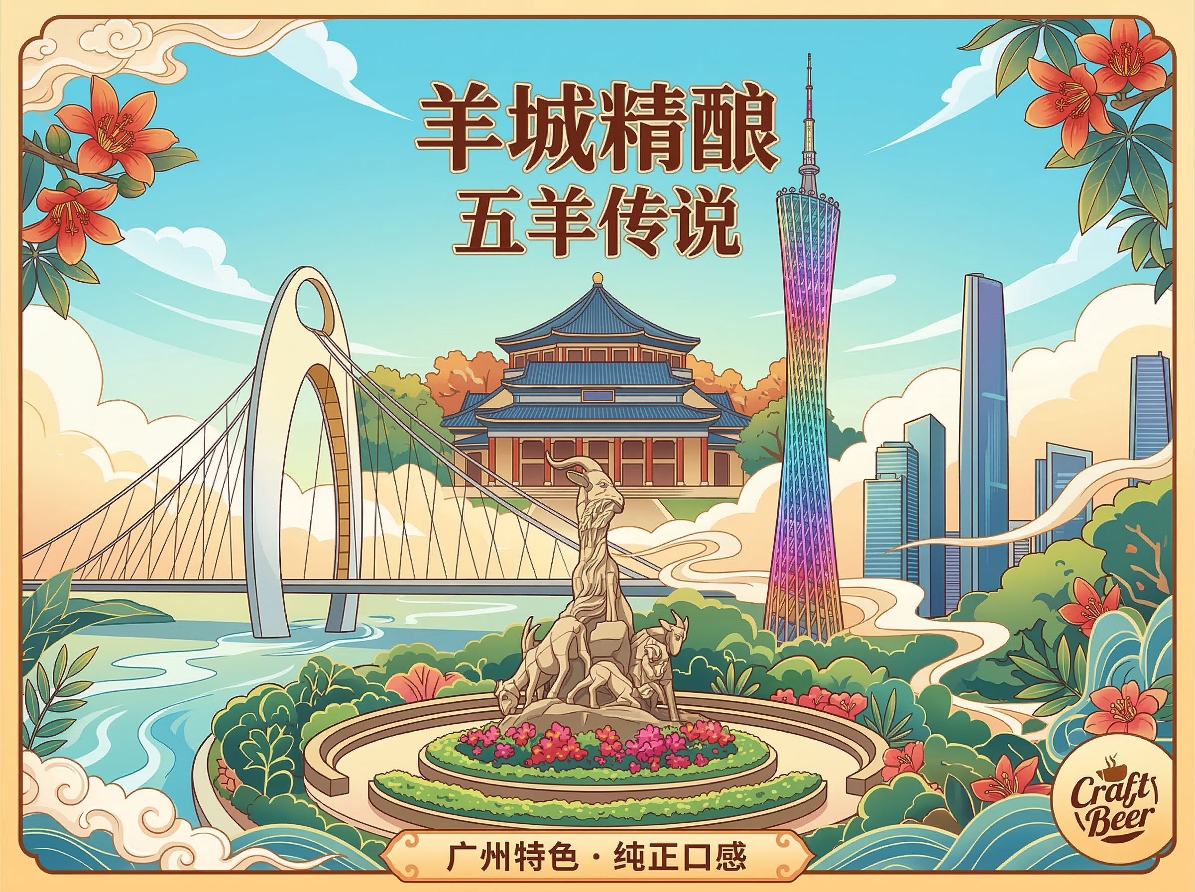 融合广州塔、猎德大桥、五羊雕塑、中山纪念堂这四个元素，设计插画… - 图片创意预览