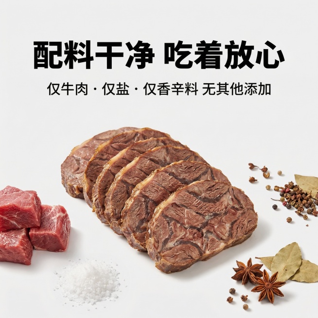 [主图3] 健身牛肉配料细节展示，极简风格，保持风格统一。画面主体是切开的即食牛腱肉特写，展示细腻多汁的肉质纹理，周围摆放原料：优质牛肉块、少量天然盐、干香辛料，背景为干净浅灰色极简背景，自然暖光突出预览效果