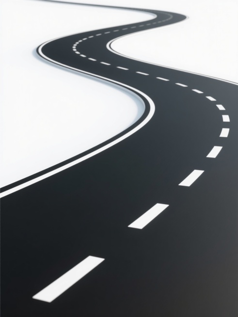 一条蜿蜒的黑色沥青道路，带有清晰的白色车道分隔线和边缘线，呈现出流畅的S形曲线，从画面左下角向右上方延伸并逐渐消失在远方，道路表面光滑，具有轻微的3D立体感和简约的阴影效果，整体风格干净、简洁、现代，纯白色背景，符合现实道路的比例和透视逻辑，适合作为背景素材使用。预览效果
