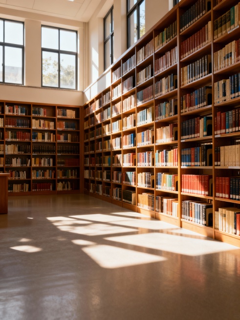 一个图书馆和很多图书的图片，图片清晰，可以编辑预览效果