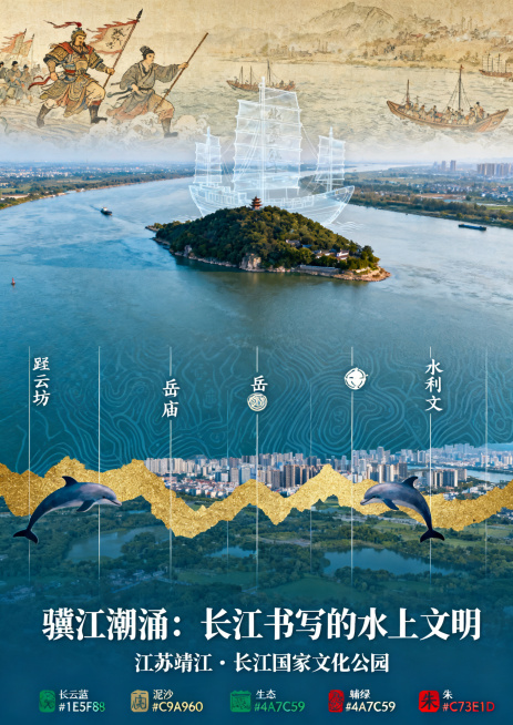 竖版海报设计，主标题“骥江潮涌：长江书写的水上文明”，副标题“江苏靖江·长江国家文化公园”，竖版A3时间轴构图，上方古代历史场景含岳飞渡江，中部宽阔长江航拍，孤山矗立江面，叠加半透明古代帆船，下方现代预览效果