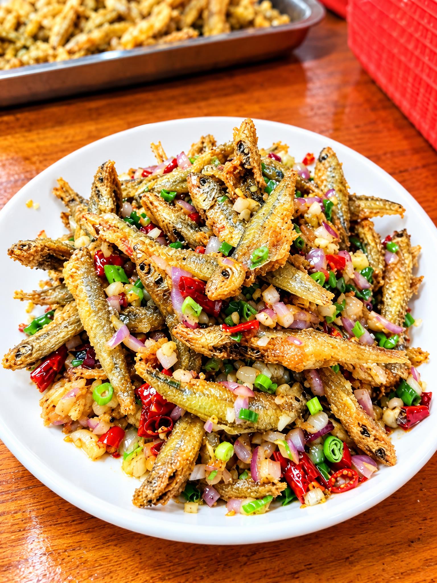 基于参考图中的干炸小河鱼菜品，生成俯视45度角度的美食摄影图，… - 图片创意预览