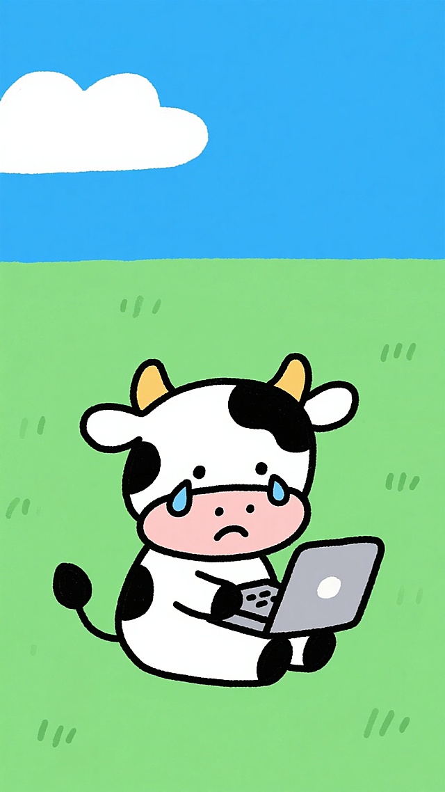 绿色的草地上，蓝色的天空，白色的云，小牛抱着电脑，伤心的哭泣