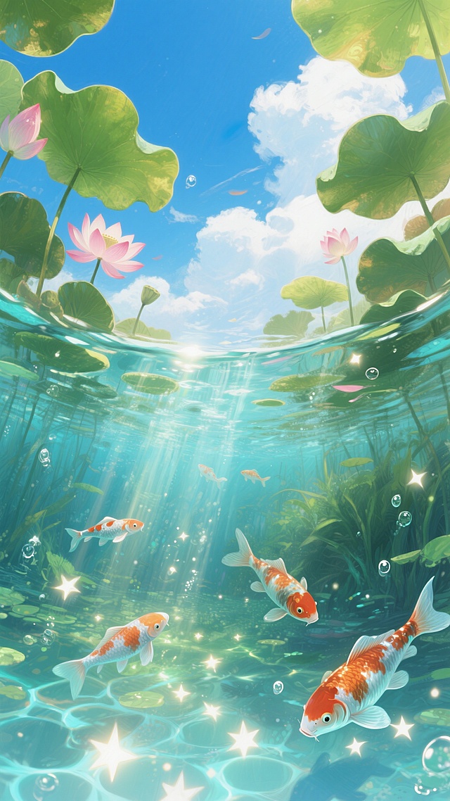 水彩风插画，梦幻清新，锦鲤游弋，莲叶轻舞。