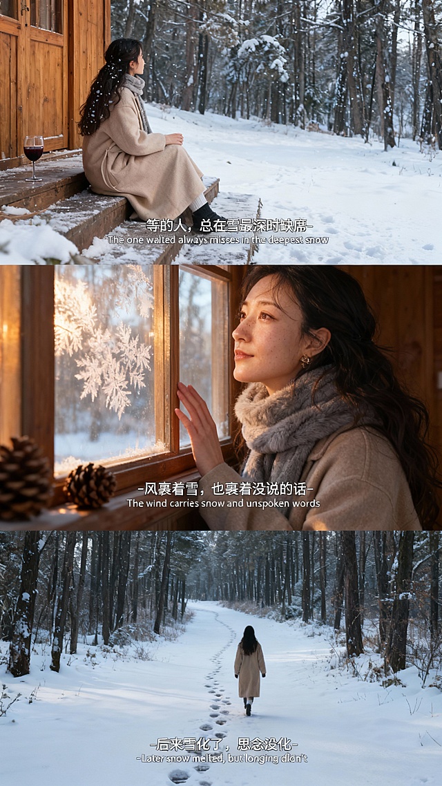 以图片人物为基础，采用三宫格构图方式生成一张艺术感写真图，整体暖光光线，采用柯达胶片效果。画面中人物和参考图一致，穿米色廓形大衣、灰兔毛围巾。第一张近景：人物坐木屋台阶望雪林，发落雪，旁放热红酒杯，字幕 “-等的人，总在雪最深时缺席-The one waited always misses in the deepest snow”；第二张特写：正脸对木屋玻璃，面部凸显暖光光影，眉眼柔和向窗外看霜花，手轻触玻璃，旁摆松果，字幕 “-风裹着雪，也裹着没说的话-The wind carries snow and unspoken words”；第三张远景：背身走雪径，脚印延向林深处，字幕 “-后来雪化了，思念没化-Later snow melted, but longing didn't”。底部字幕居中。