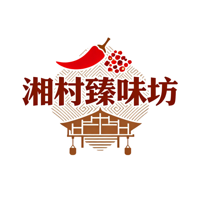设计一个名为“湘村臻味坊”的店铺logo，融入湖湘文化元素，比如湘菜经典食材辣椒、剁椒，或者湖南特色纹样、吊脚楼元素，整体风格简约大气，兼具辨识度与文化感，色彩采用红、棕等具有湖湘特色的色调，呈现出地预览效果