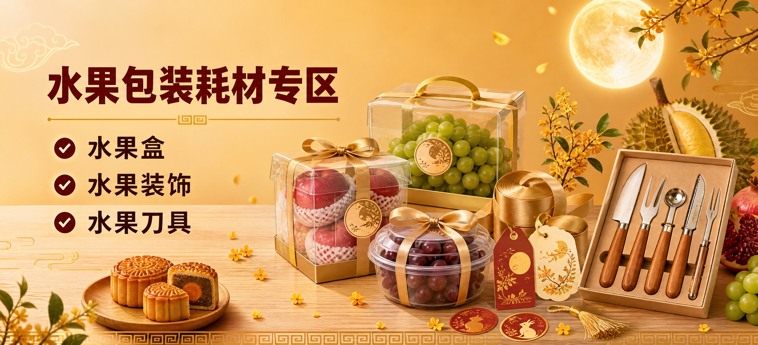 [单张主图] 水果包装耗材专区中秋横屏电商图，实用专业感路线，… - 图片创意预览