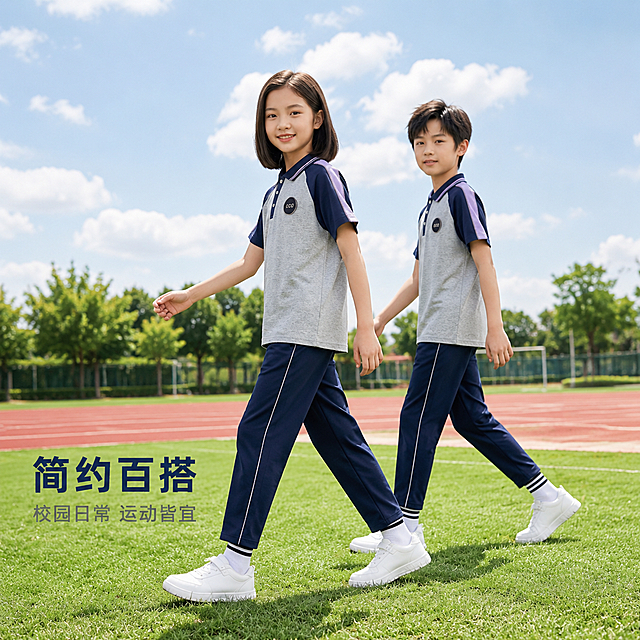 [主图-2] 小学夏季短袖长裤套装双人侧面动态展示
[氛围风格] 清新校园风 青春活力 自然抓拍感 商业摄影质感
[画质] 超高清商业摄影质感 光线柔和通透 产品清晰真实 画面干净高级 色彩自然饱满
[元素] 两位小学生模特（一男一女）穿着同款灰蓝拼色短袖长裤套装，在校园草坪上呈行走动态，45度斜侧角度展示服装版型。女生在前迈步微笑，男生在后侧身跟随。服装侧面线条流畅，长裤侧边条纹清晰可见，插肩袖淡紫+藏青配色从侧面角度完整展示。模特穿着白色带黑条纹中筒袜和白色运动鞋。背景是蓝天白云、红色跑道和绿色树木，校园场景真实自然。保持服装外观（即物理结构、材质质感、颜色、款式、反光条）与参考产品图一致，杜绝任何变形和色差，精细化处理。商品主体占比约65%，画面满屏无边框。
[光影] 自然侧逆光，人物轮廓有柔和光晕，服装面料纹理清晰，阴影自然落在草坪上，整体明亮有层次感。
[配色] 主色灰色+藏青色（服装），辅色淡紫色（袖条）+绿色（草坪）+天蓝色（天空）+红色（跑道点缀）
[视角构图] 45度斜侧平视，人物全身入镜，动态感强，前后错落有层次，视觉焦点在服装侧面版型上。
[文字版式] 画面左下角负空间放置文字，两行排列，大字粗体藏青色写"简约百搭"，下方小字灰色写"校园日常 运动皆宜"。文字不遮挡人物和服装主体。
[输出要求] 1:1比例，文字清晰可辨，超高清商业摄影质感
[负向提示词] 变形 文字错乱 产品图模糊 背景杂乱 水印 电商平台Logo 多余的手 畸形手 面部扭曲 肢体穿模 四人 多人