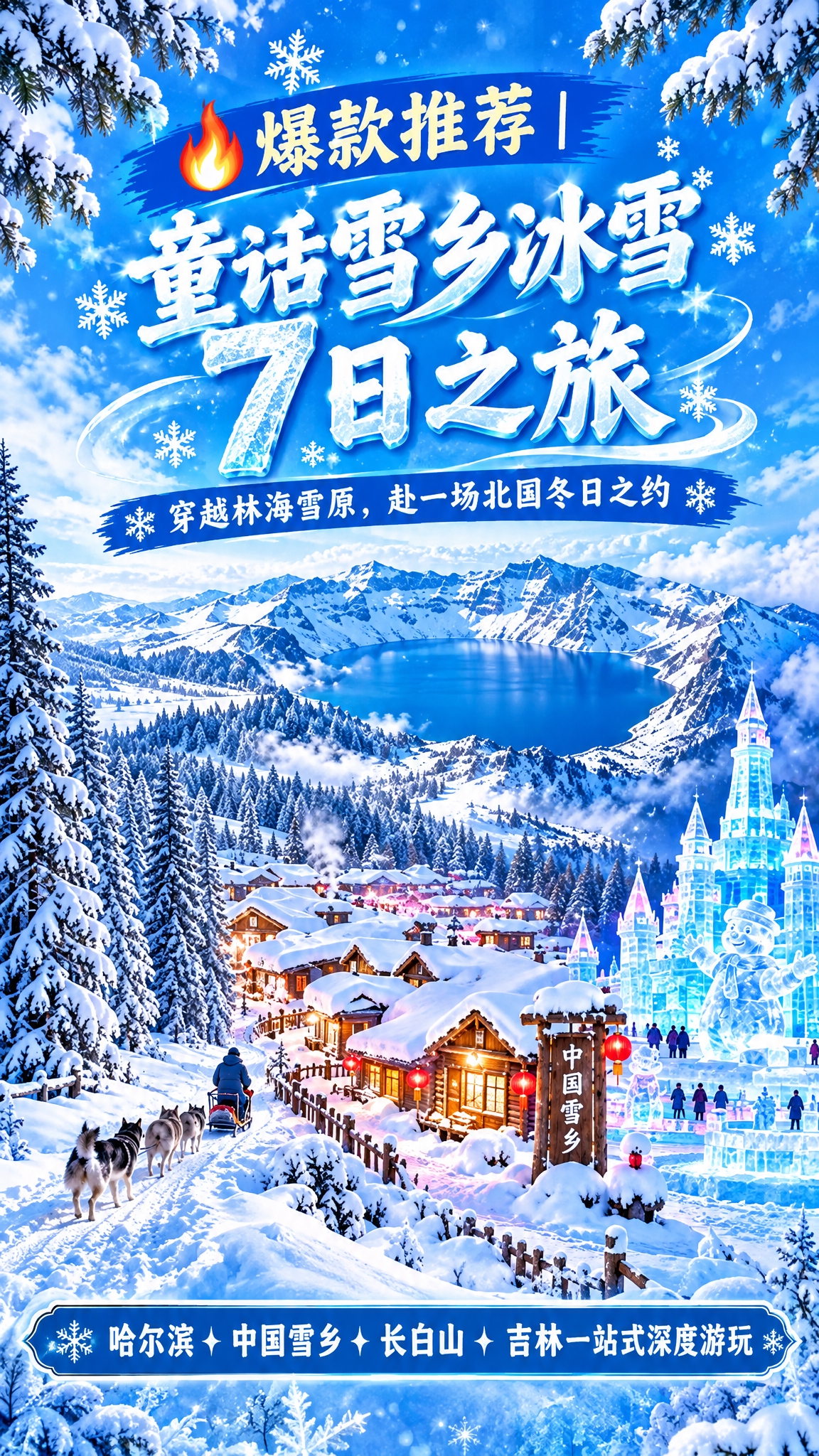 将这张横版旅游海报改为竖版，保持所有文字内容和冰雪童话风格不变… - 图片创意预览