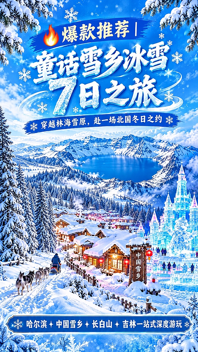 将这张横版旅游海报改为竖版，保持所有文字内容和冰雪童话风格不变，重新构图适配竖版比例。保留雪乡木屋、林海雪原、长白山天池、冰雕城堡、狗拉雪橇等核心元素，竖版上下布局，顶部为大标题"爆款推荐｜童话雪乡冰雪7日之旅"，中部为雪景风光，底部为"哈尔滨✦中国雪乡✦长白山✦吉林一站式深度游玩"，整体蓝白色调，梦幻冬日氛围