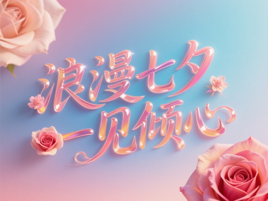 文字“浪漫七夕 一见倾心"，线条流畅，手写，玫瑰花瓣艺术字。创意字体设计点缀花朵元素。渐变背景，浪漫七夕氛围。预览效果