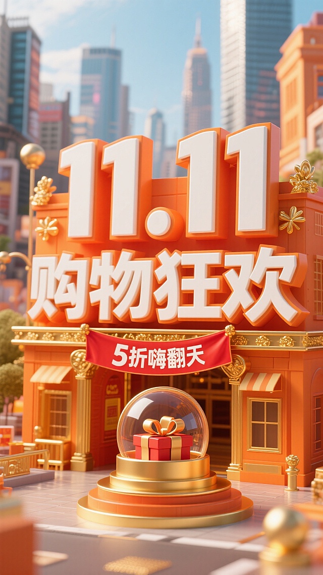 以暖橙色为主色调，前景是立体字组成的醒目建筑， “11.11购物狂欢” 立体大字（白与暖橙渐变，配金色装饰）及下方 “5 折嗨翻天” 红色横幅；中间有金色圆形装置（内有礼物）；背景是繁华都市